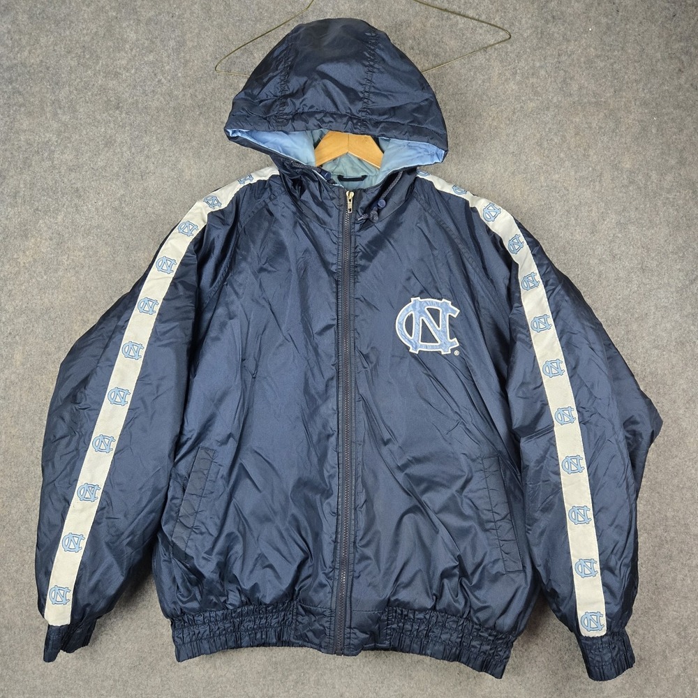 Vintage UNC Tar Hells Fan Gear Jacket Mens XL Blue Puffer Spellout Sleeve Hit 90